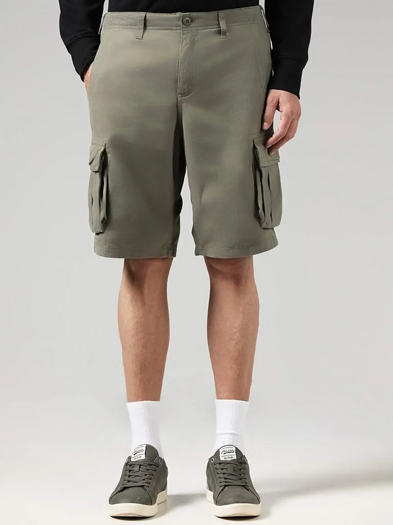 WES Casuals Solid Olive Cotton Relaxed-Fit Mid-Rise Shorts