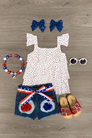 White Stars Patriotic Sequins Short Set