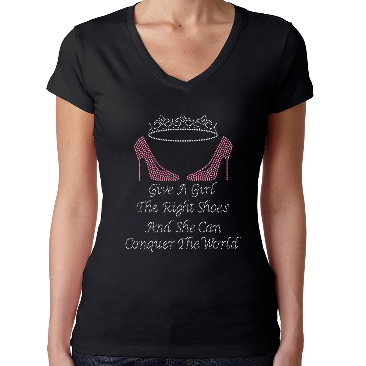 Womens T-Shirt Bling Black Fitted Tee Give a Girl Shoes Conquer World