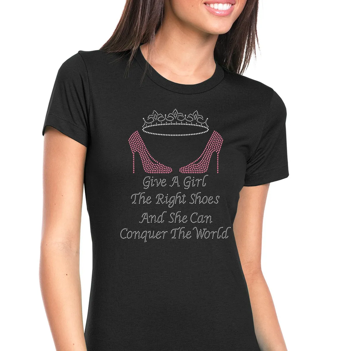 Womens T-Shirt Bling Black Fitted Tee Give a Girl Shoes Conquer World